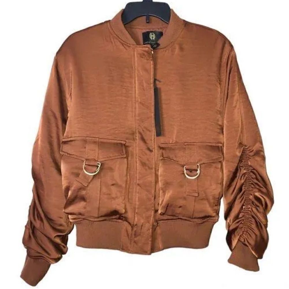 NWT House of Harlow 1960 satin ruched copper brown bomber jacket size L HOLIDAY - Picture 2 of 12